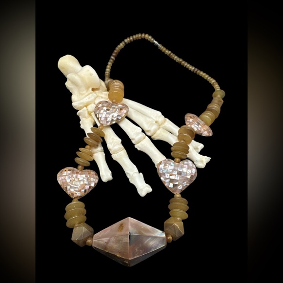 Vintage Pink Albalone Shell Mother of Pearl Heart Horn Bohemian Necklace 27” - Picture 4 of 4